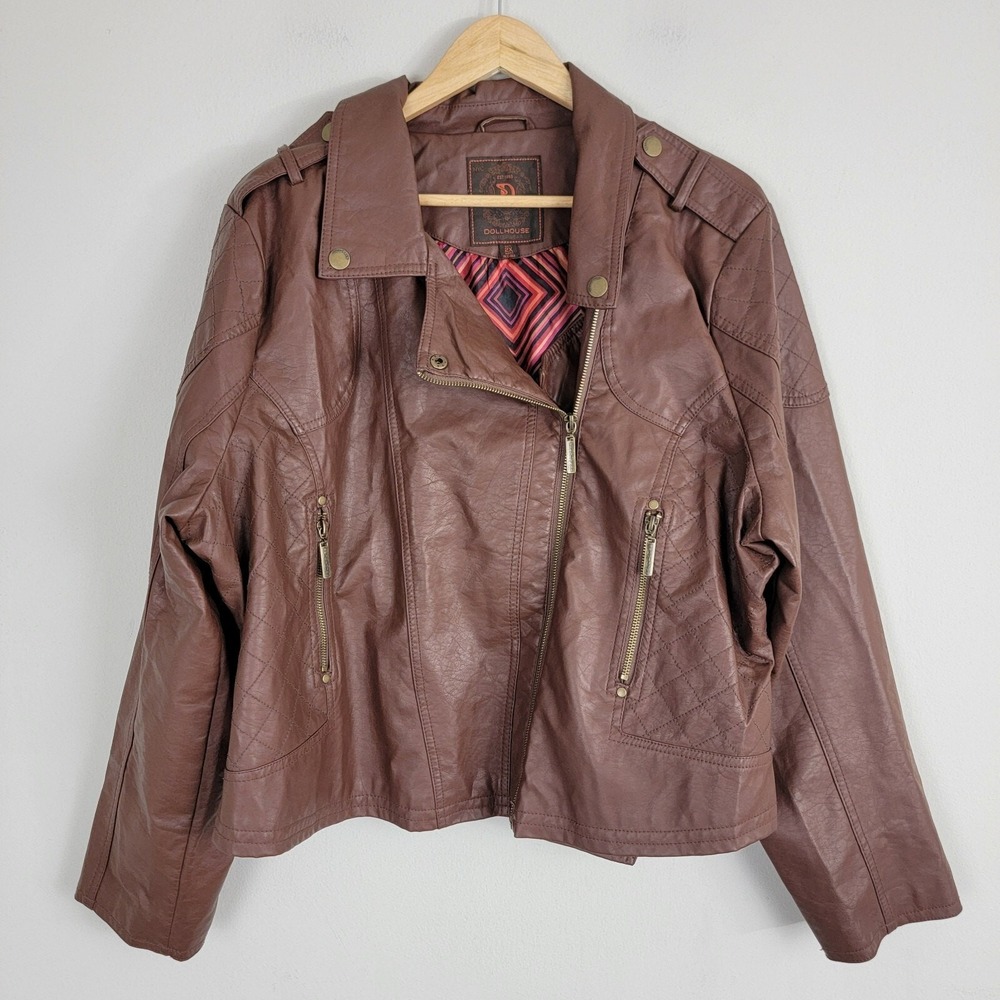 Dollhouse Outerwear Bomber Jackets Womens 2X Brown Solid Faux Leather Full Zip
